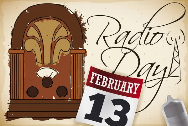 Calendrier, Tube et dessin de radio antique pour l'événement de la journée de la radio, Illustration vectorielle — Image vectorielle