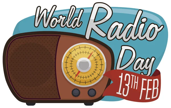 Radio transistor vintage y cinta para celebrar el Día Mundial de la Radio, ilustración vectorial — Vector de stock