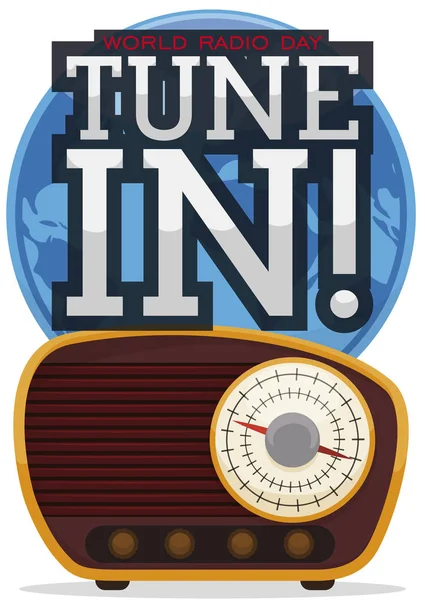 Transistor Radio, Globe and Invitation for Tune in the Radio Day, Εικονογράφηση διανύσματος — Διανυσματικό Αρχείο