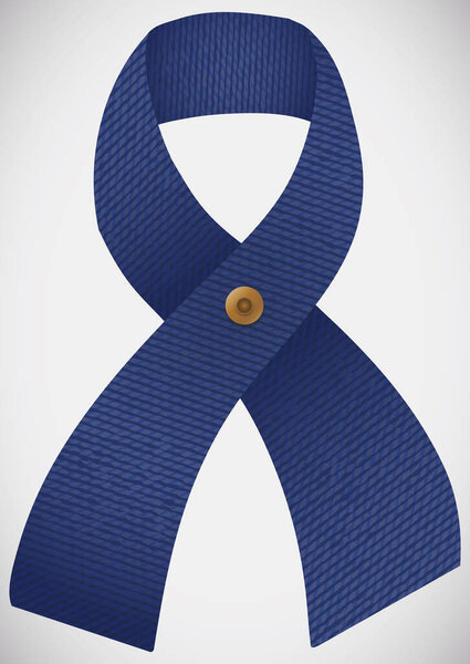 Isolated blue denim ribbon with rivet as symbol of Rare Disease Day, promoting the strength, solidarity and awareness for people affected by this illness.