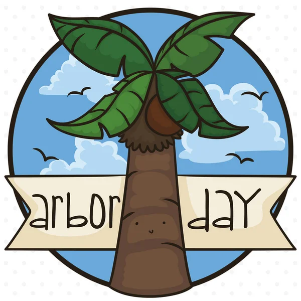 热带蓝天 可爱的棕榈树 椰子和问候语带作为纪念按钮 以庆祝乔伯节 — 图库矢量图片