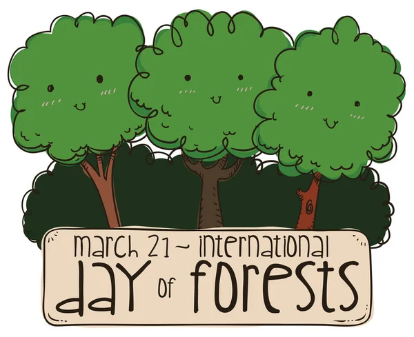3月21日是国际森林日 可爱的树友们以涂鸦的风格向你微笑 高高的灌木丛盖过标牌 宣扬国际森林日 — 图库矢量图片
