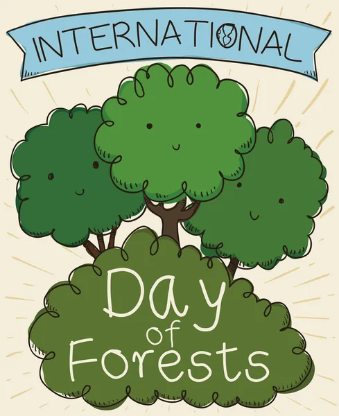 用手绘的方式微笑着迎接国际森林日 并庆祝国际森林日 — 图库矢量图片