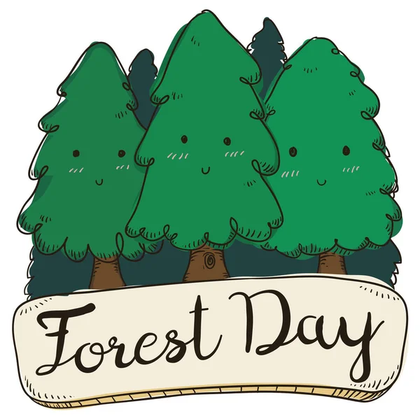 设计的涂鸦风格与快乐可爱的松树与问候语标志 准备庆祝森林日 — 图库矢量图片
