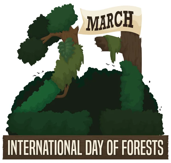 3月21日国际森林日的高树和树干 编号为 作为提醒日期 月带和木制标志 — 图库矢量图片