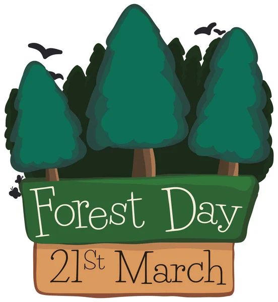 今年3月21日 为庆祝森林日 设计了带有松树的纪念图案 并规定了鸟类飞翔的提醒日期 — 图库矢量图片
