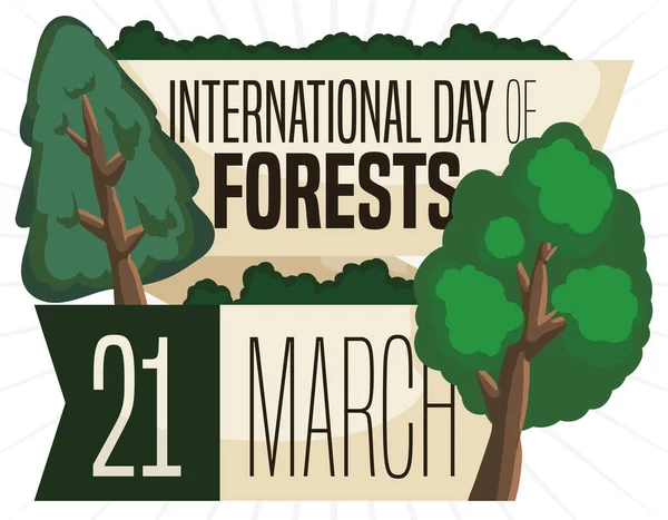 为3月21日国际森林日庆祝活动而设计的带有问候带和不同树型的纪念设计 — 图库矢量图片