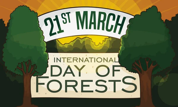 3月21日是国际森林日 在一个饰有彩带和问候语的森林上 夕阳西下 为保护这片土地和美丽的自然景观做出了巨大的贡献 — 图库矢量图片