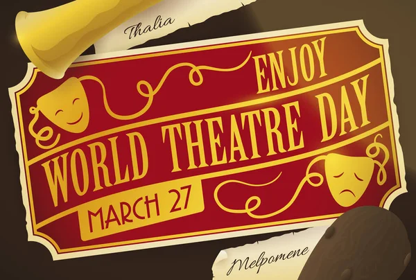 Bilhete Ouro Para Apresentação Especial Devido Dia Mundial Teatro Representação —  Vetores de Stock