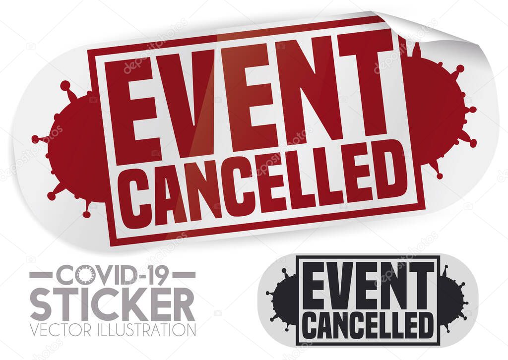 Design and sample of sticker like adhesive bandage with coronavirus silhouettes in both sides announcing event cancellation due COVID-19 outbreak.