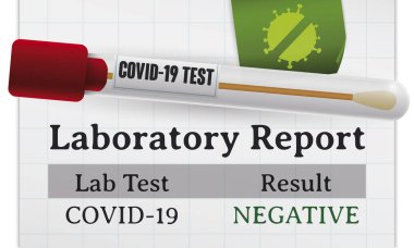 Test tube vial and cotton bud inside of it, squared laboratory report showing a negative result for COVID-19 decorated with green sticker with banned coronavirus silhouette. clipart