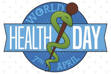 Commemorative button and ribbon with happy snake tangled in a staff like Asclepius Rod, symbol of medicine, promoting World Health celebration this 7th April. clipart