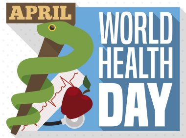 Promotional design for World Health Day in flat style with Asclepius snake tangled in number 7 like staff, apple, healthy electrocardiogram and stethoscope over dotted pattern. clipart