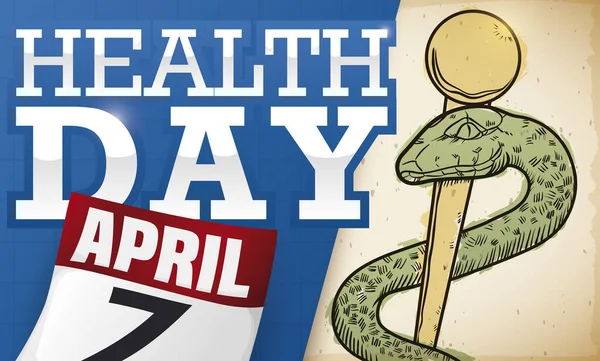 Nisan Daki Sağlık Günü Bayrağını Hatırlatma Takvimi Asklepius Çubuğuyla Birlikte — Stok Vektör
