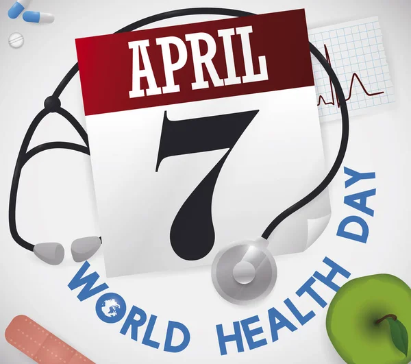 Nisan Dünya Sağlık Günü Anısına Takvime Karışmış Steteskop Yeşil Elma — Stok Vektör