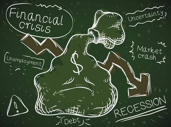 Chalkboard Com Doodles Saco Dinheiro Angustiado Pela Recessão Econômica Suas —  Vetores de Stock