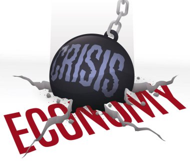 Wrecking ball impacting the economy floor with heavy weight and leaving a huge crater, symbolizing the rapture in the economic scenario due financial crisis. clipart