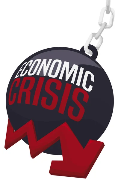 Big Wrecking Ball Pushing Red Arrow Symbolizing Difficult Economic Scenario — Stock Vector