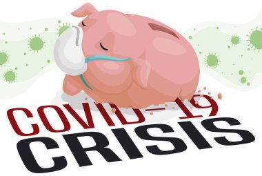 Yarım bir maske takarak yorgun ve beş parasız domuz kumbarası sağlık ve ekonomi üzerinde COVID-19 kriz etkileri altına giriyor..