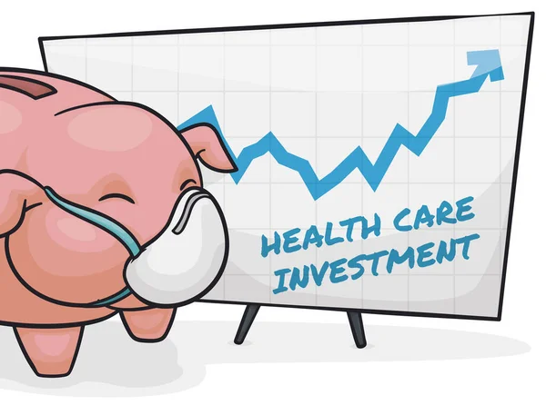 Cute Piggy Bank Wearing Half Mask Showing Statistical Graph Rise — Stock Vector