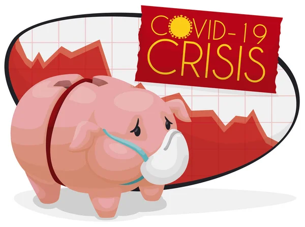 Sad Piggy Bank Seeing Graph Depicting Economy Tendency Budget Cuts — Stock Vector