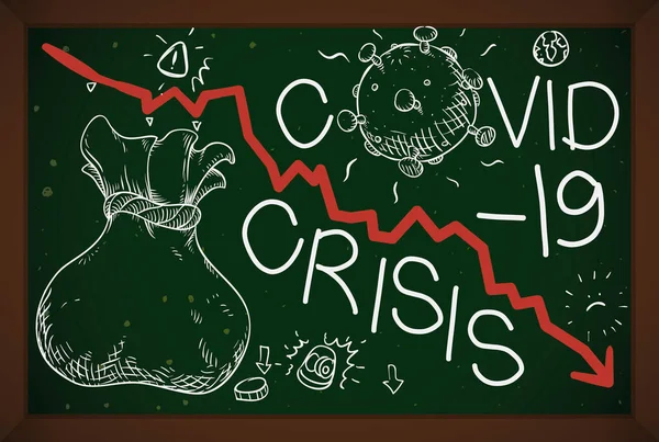 お金袋とチョーク図面 コロナウイルスの表現 アラート信号 Covid 19発生中の経済傾向の減少を描いた赤い矢印とドドル — ストックベクタ