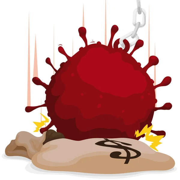 Pallone Demolizione Rosso Forma Coronavirus Che Spacca Sacchetto Denaro Simboleggiando — Vettoriale Stock