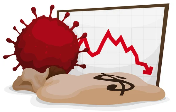 Czerwony Koronawirus Spłaszczony Prawie Pusty Worek Pieniędzy Tablica Kwadratu Wykresem — Wektor stockowy