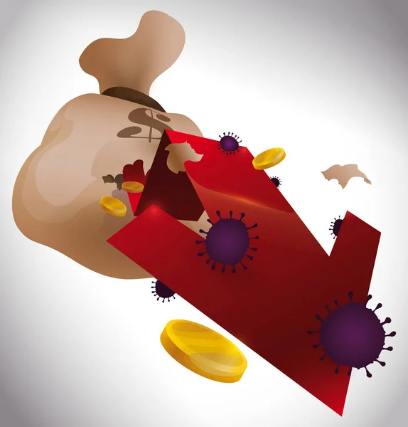 Sac Argent Percé Pour Flèche Rouge Décroissante Infectée Par Coronavirus — Image vectorielle