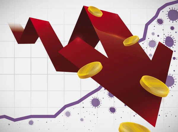 Червона Стрілка Деякими Монетами Падають Навколо Неї Представляють Економіку Час — стоковий вектор