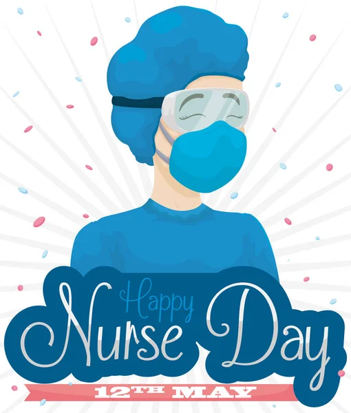幸せな女性看護師 Covid 19流行による完全なバイオセーフティギアとお祝い看護師の日この5月12日 — ストックベクタ