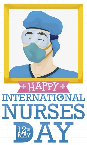 Retrato Com Enfermeiro Feliz Usando Óculos Respirador Epi Durante Pandemia —  Vetores de Stock