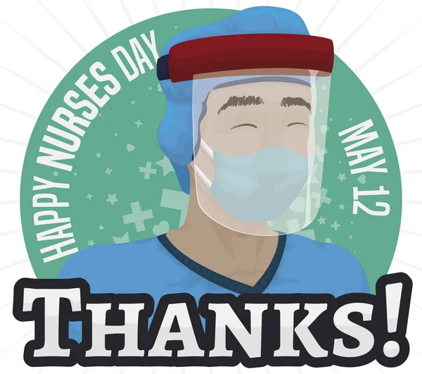 在Covid 19大流行期间穿着护目镜 呼吸器和Ppe的快乐男护士画像 以及今年5月12日的国际护士日庆祝活动 — 图库矢量图片