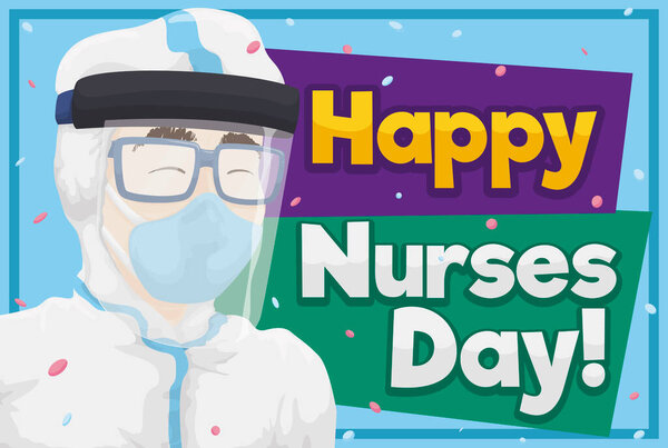 Счастливый мужчина-медсестра, носящая все СИЗ из-за пандемии COVID-19, в небольшом перерыве, чтобы отпраздновать День медсестер спасая жизни с немного конфетти
.