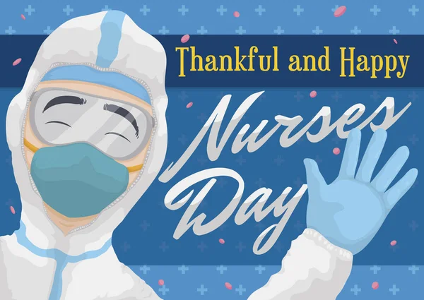 快乐的男护士身穿清洁室套装 穿着个人防护设备 在一个庆祝护士日的彩礼淋浴间里向你致意 并向他们致谢 — 图库矢量图片