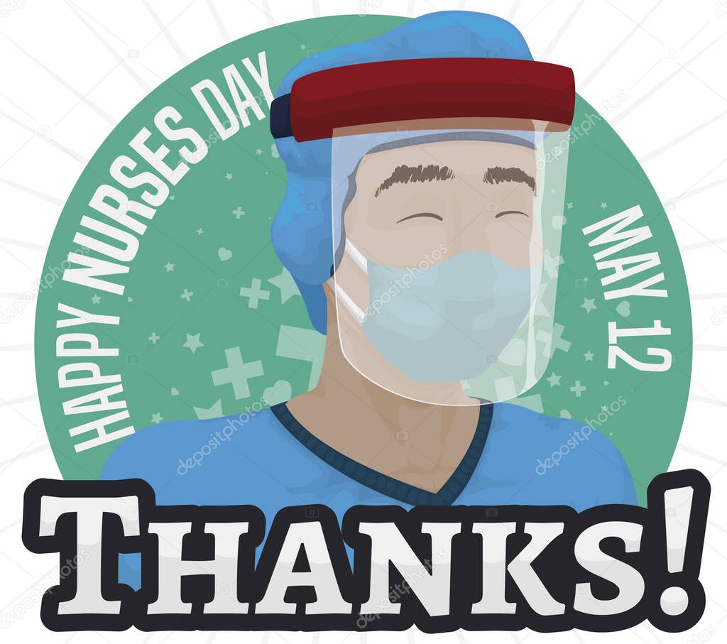 Portrait with happy male nurse, wearing goggles, respirator and PPE during COVID-19 pandemic and celebrating International Nurses Day this 12th May.
