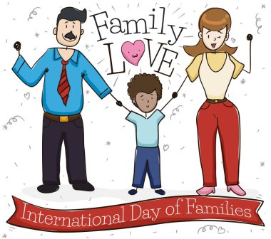 Greeting ribbon and happy family celebrating International Day of Families sharing with their adopted son and giving much love. clipart