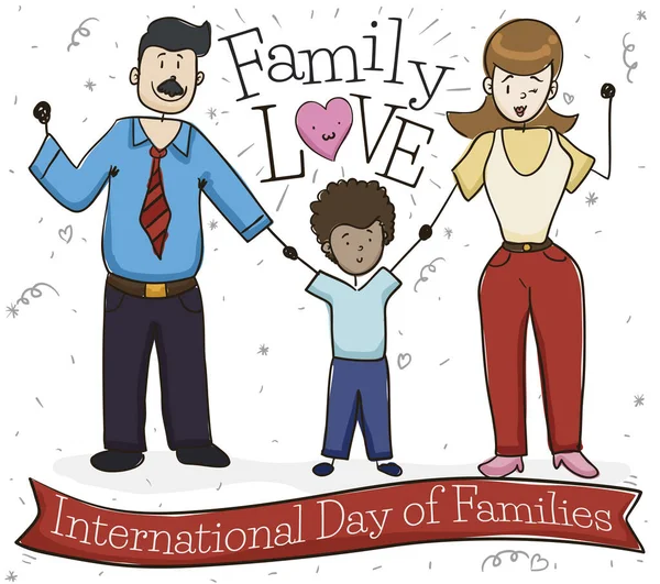 Uluslararası Aileler Günü Kutlayan Kurdele Mutlu Aileyi Evlatlık Oğullarıyla Paylaşarak — Stok Vektör