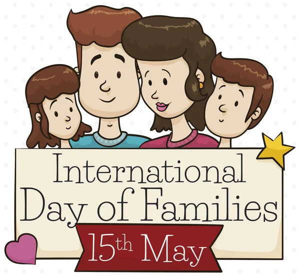 5月15日の国際家族の日の挨拶ラベル リボン スター ハートで祝う幸せな両親 — ストックベクタ