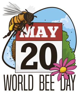 Etrafında bir arı sürüsü, çiçek, çalı ve gökyüzü manzarası olan Kovan, Dünya Arı Günü 'nü kutlamak için işçi bal arısıyla takvim üzerinde uçuyor..