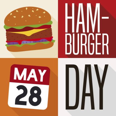 28 Mayıs Hamburger Günü kutlamaları için nefis çizburger ve hatırlatıcı takvimle düz stil ve uzun gölgeli promosyon tasarımı..