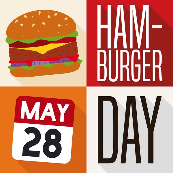 5月28日のハンバーガーの日のお祝いのためのおいしいチーズバーガーとリマインダーカレンダーとフラットスタイルと長い影のプロモーションデザイン — ストックベクタ