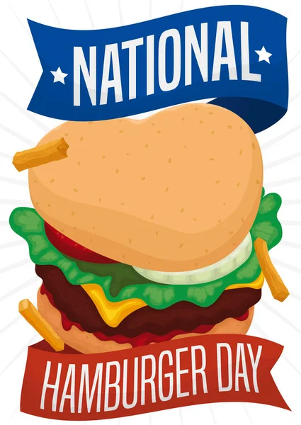 Hälsning Band För Att Fira National Hamburger Day Runt Burgare — Stock vektor