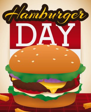 Hamburger Günü 'nü kutlamak için patates kızartması ve gevşek yapraklı takvimle kare masa örtüsü üzerine servis edilen nefis çizburger..