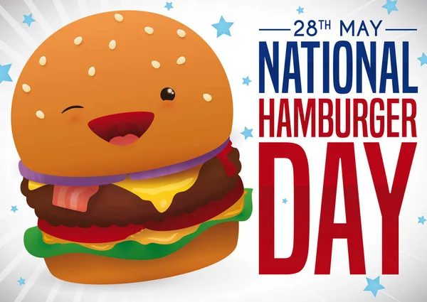 Glad Patriotisk Ostburgare Med Bacon Firar National Hamburger Day Blinkar — Stock vektor