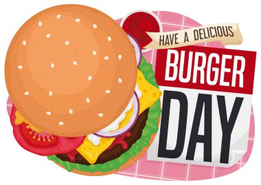 Lezzetli bir çizburger, domates, soğan, marul, sos ve ketçaplı kase, selamlama kurdelesi ve takvim üzeri kare işareti ile lezzetli bir Burger Günü kutlamak için..