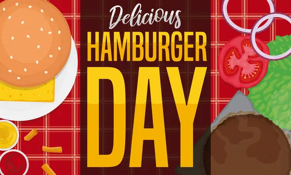Banner Con Sabrosos Ingredientes Hamburguesa Para Prepararlo Celebrar Delicioso Día — Archivo Imágenes Vectoriales