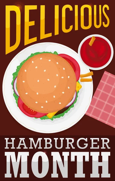 Vista Dall Alto Gustoso Cheeseburger Servito Piatto Con Ciotola Ketchup — Vettoriale Stock