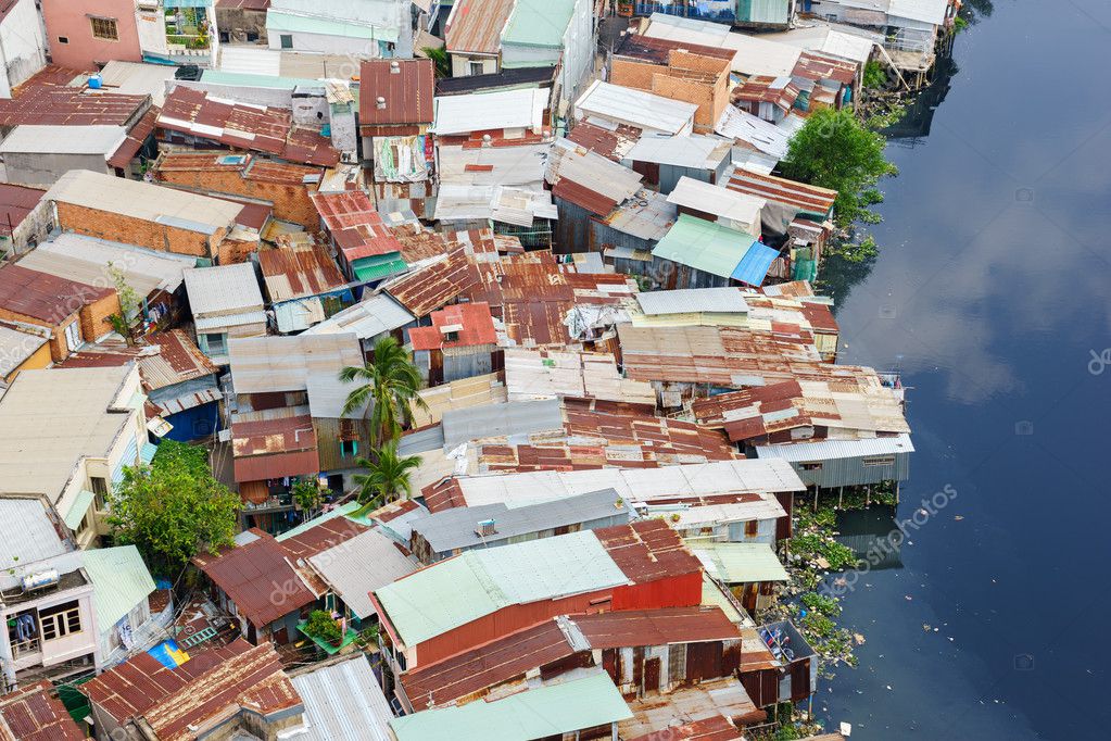 Colorful slum houses at Ho Chi Minh city or Saigon view 