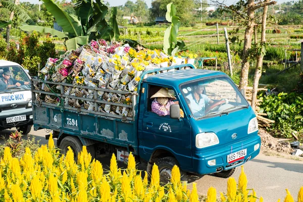  Çiçek satıcıları çiçekler Sa ara, Dong Thap, Vietnam van tarafından taşıma. Sadec (Sa Aralık) birçok ay yeni yıl (Tet tatil için çiçek yer üründür)